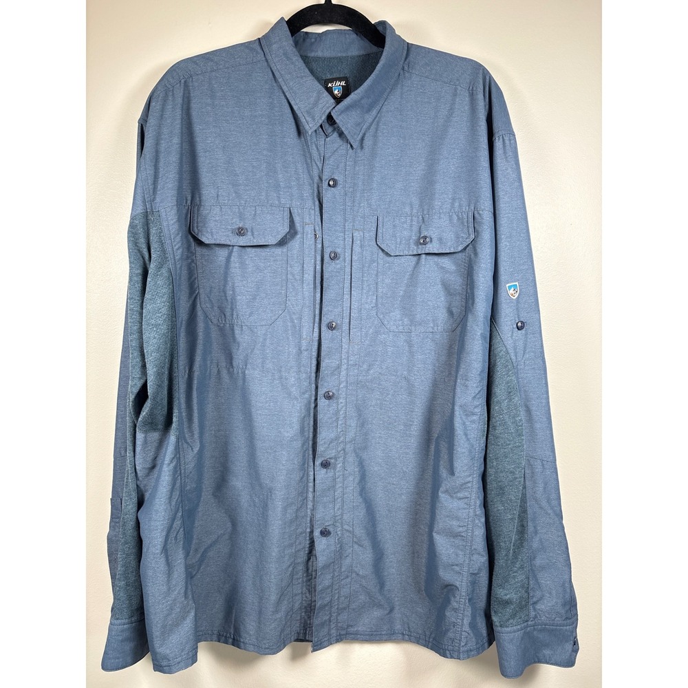Kuhl Mens XXL Blue Long Sleeve Technical Hiking Shirt Vented Zip Pockets Fishing